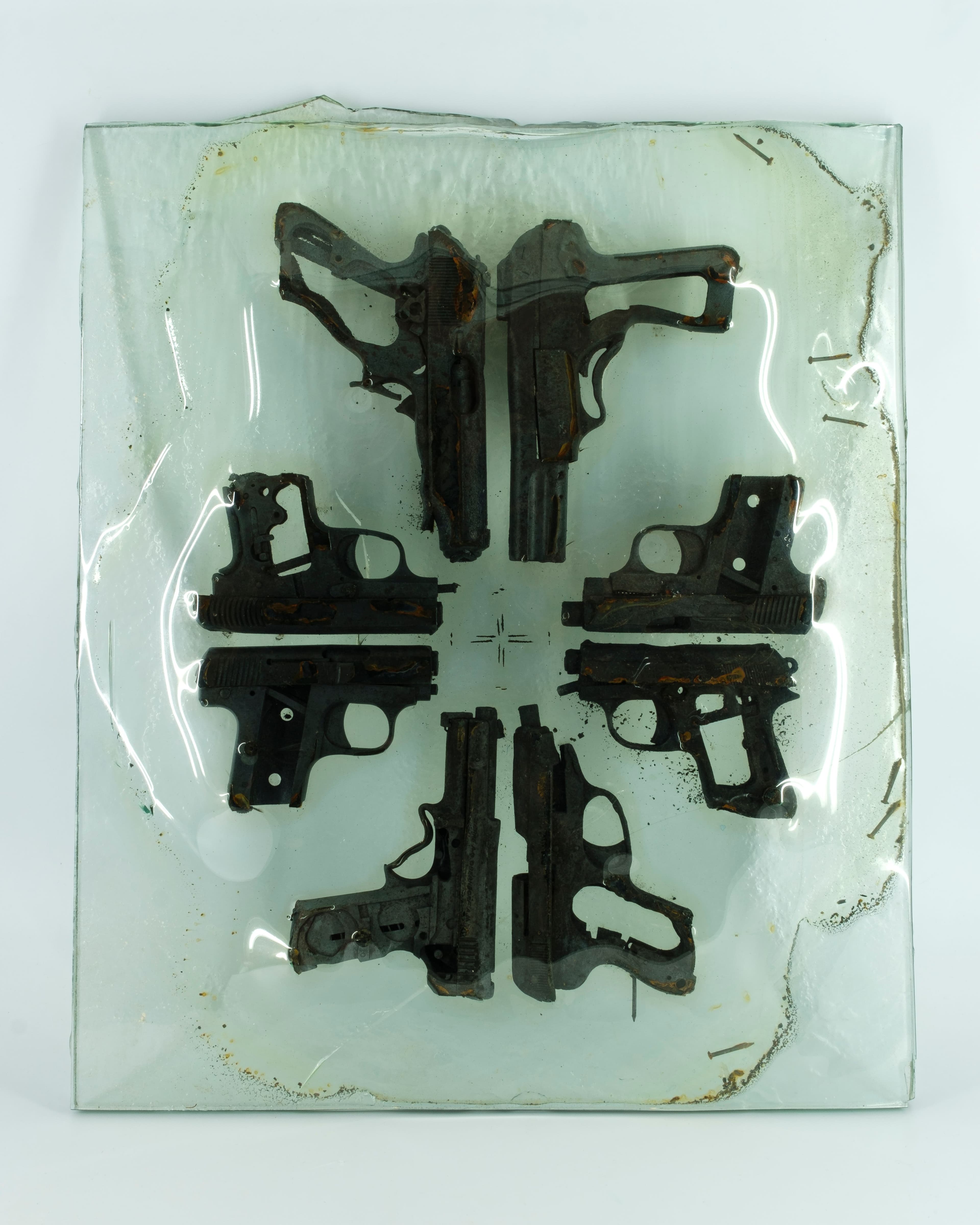 Chambered IV - Destroyed hand guns, tempered glass - 8 x 60 x 50 cm